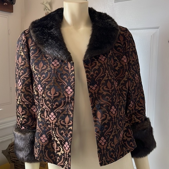 VTG nine west brown & rose gold 90’S brocade jacket removable faux fur trim 4 - Picture 8 of 15